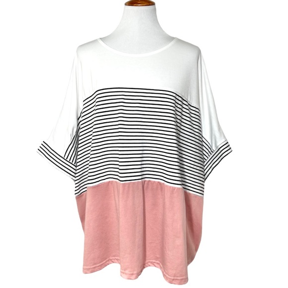 SHEIN Tops - Shein Colorblock Striped Short Sleeve Knit Tee, White, Pink, Black, Plus Size